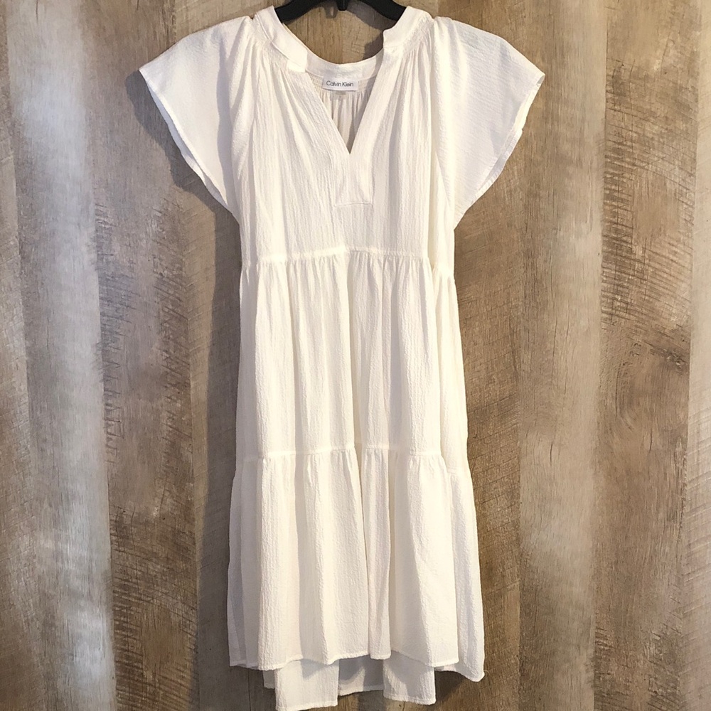 Calvin Klein Ivory V-Neck Tiered Midi Dress